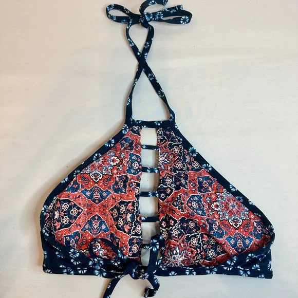 Lucky Brand Navy/Coral Festival Medallion Reversible High Neck Bikini Top - XS/S - Picture 5 of 8